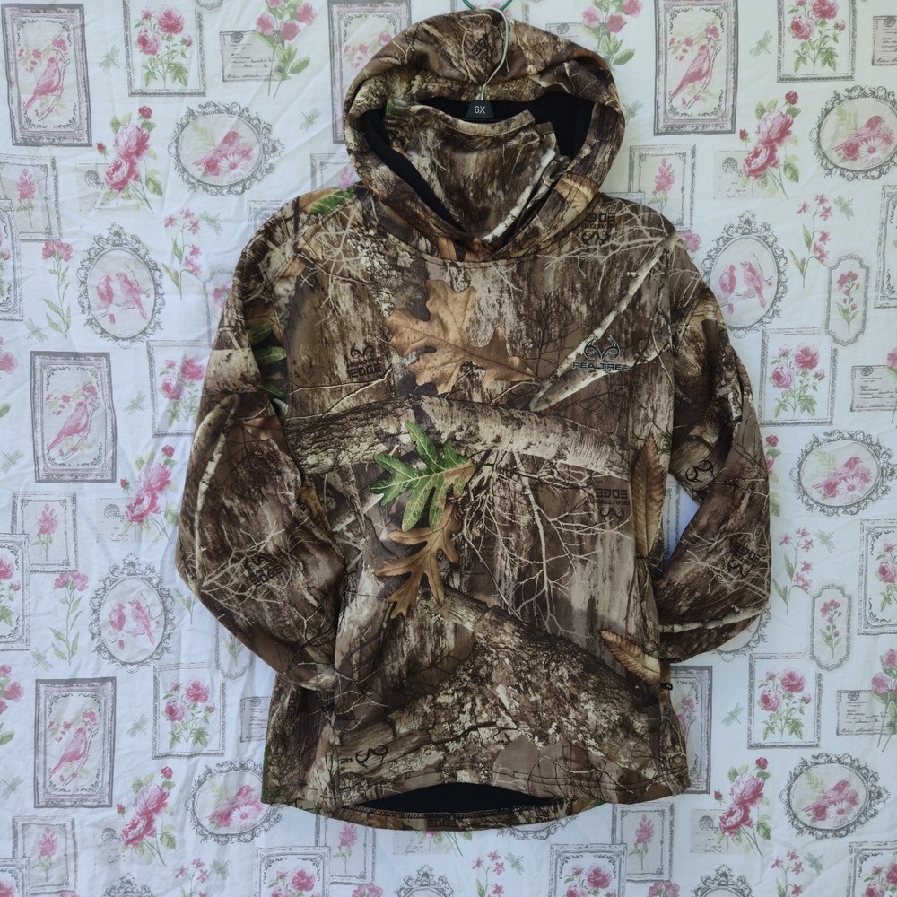 RealTree Camo Hoodie Brown Green Built In Neck Gaiter Size L/G (10-12)‎